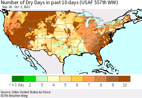 United States Number of Dry Days in past 10 days (USAF 557th WW) Thematic Map For 10/1/2021 - 10/5/2021