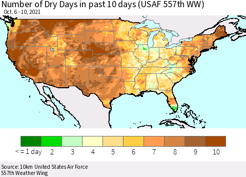United States Number of Dry Days in past 10 days (USAF 557th WW) Thematic Map For 10/6/2021 - 10/10/2021