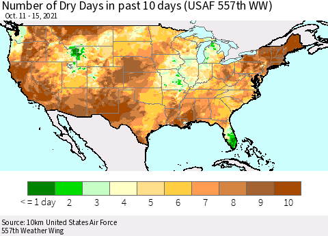 United States Number of Dry Days in past 10 days (USAF 557th WW) Thematic Map For 10/11/2021 - 10/15/2021