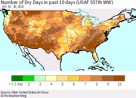 United States Number of Dry Days in past 10 days (USAF 557th WW) Thematic Map For 10/16/2021 - 10/20/2021