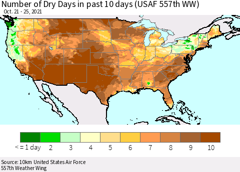 United States Number of Dry Days in past 10 days (USAF 557th WW) Thematic Map For 10/21/2021 - 10/25/2021