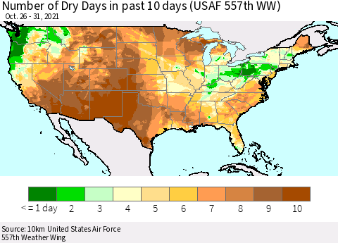 United States Number of Dry Days in past 10 days (USAF 557th WW) Thematic Map For 10/26/2021 - 10/31/2021