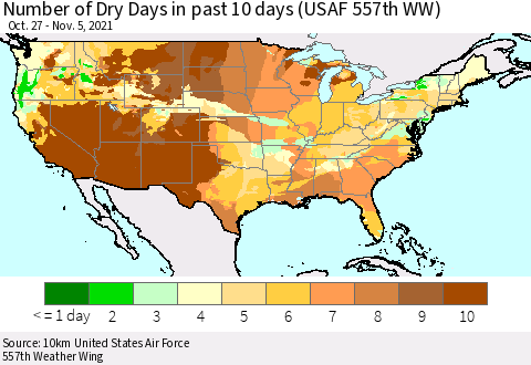 United States Number of Dry Days in past 10 days (USAF 557th WW) Thematic Map For 11/1/2021 - 11/5/2021