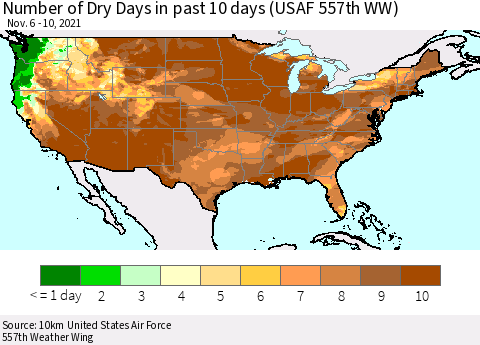 United States Number of Dry Days in past 10 days (USAF 557th WW) Thematic Map For 11/6/2021 - 11/10/2021