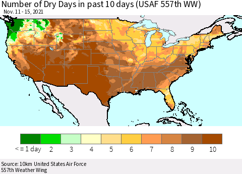 United States Number of Dry Days in past 10 days (USAF 557th WW) Thematic Map For 11/11/2021 - 11/15/2021