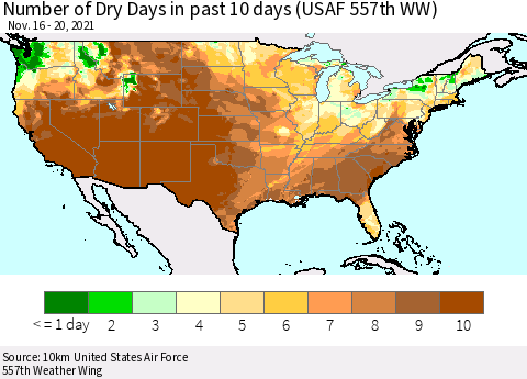 United States Number of Dry Days in past 10 days (USAF 557th WW) Thematic Map For 11/16/2021 - 11/20/2021