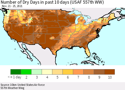 United States Number of Dry Days in past 10 days (USAF 557th WW) Thematic Map For 11/21/2021 - 11/25/2021