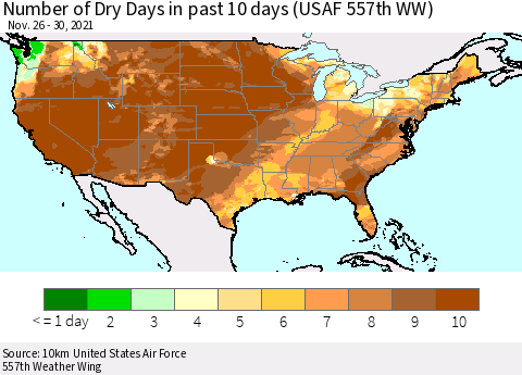 United States Number of Dry Days in past 10 days (USAF 557th WW) Thematic Map For 11/26/2021 - 11/30/2021