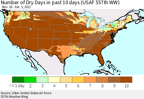 United States Number of Dry Days in past 10 days (USAF 557th WW) Thematic Map For 12/1/2021 - 12/5/2021