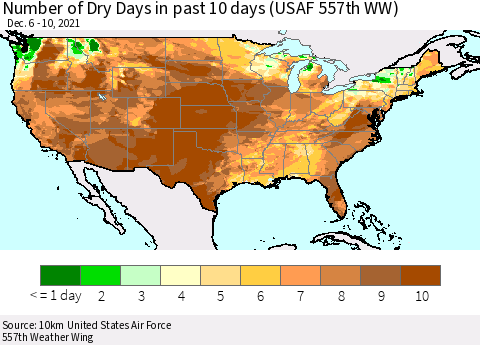 United States Number of Dry Days in past 10 days (USAF 557th WW) Thematic Map For 12/6/2021 - 12/10/2021