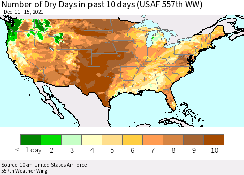 United States Number of Dry Days in past 10 days (USAF 557th WW) Thematic Map For 12/11/2021 - 12/15/2021
