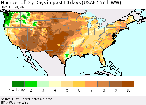 United States Number of Dry Days in past 10 days (USAF 557th WW) Thematic Map For 12/16/2021 - 12/20/2021