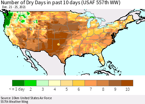 United States Number of Dry Days in past 10 days (USAF 557th WW) Thematic Map For 12/21/2021 - 12/25/2021