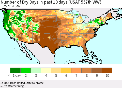 United States Number of Dry Days in past 10 days (USAF 557th WW) Thematic Map For 12/26/2021 - 12/31/2021