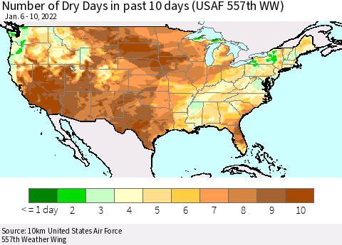 United States Number of Dry Days in past 10 days (USAF 557th WW) Thematic Map For 1/6/2022 - 1/10/2022