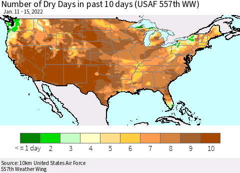United States Number of Dry Days in past 10 days (USAF 557th WW) Thematic Map For 1/11/2022 - 1/15/2022