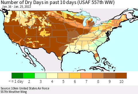 United States Number of Dry Days in past 10 days (USAF 557th WW) Thematic Map For 1/21/2022 - 1/25/2022