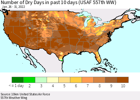 United States Number of Dry Days in past 10 days (USAF 557th WW) Thematic Map For 1/26/2022 - 1/31/2022