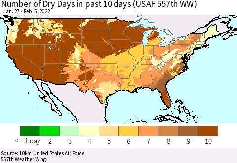 United States Number of Dry Days in past 10 days (USAF 557th WW) Thematic Map For 2/1/2022 - 2/5/2022
