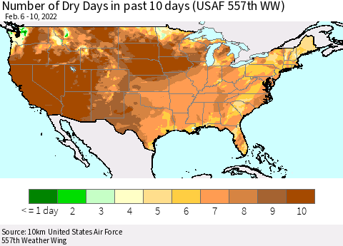 United States Number of Dry Days in past 10 days (USAF 557th WW) Thematic Map For 2/6/2022 - 2/10/2022