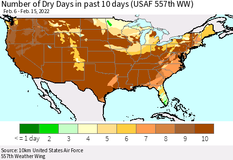United States Number of Dry Days in past 10 days (USAF 557th WW) Thematic Map For 2/11/2022 - 2/15/2022