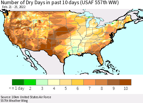 United States Number of Dry Days in past 10 days (USAF 557th WW) Thematic Map For 2/21/2022 - 2/25/2022