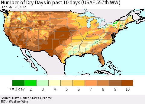 United States Number of Dry Days in past 10 days (USAF 557th WW) Thematic Map For 2/26/2022 - 2/28/2022