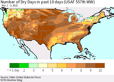 United States Number of Dry Days in past 10 days (USAF 557th WW) Thematic Map For 3/1/2022 - 3/5/2022