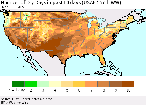 United States Number of Dry Days in past 10 days (USAF 557th WW) Thematic Map For 3/6/2022 - 3/10/2022