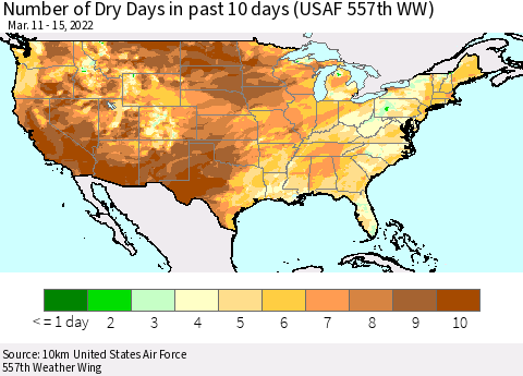 United States Number of Dry Days in past 10 days (USAF 557th WW) Thematic Map For 3/11/2022 - 3/15/2022