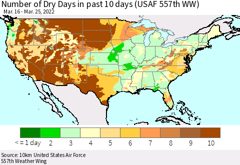 United States Number of Dry Days in past 10 days (USAF 557th WW) Thematic Map For 3/21/2022 - 3/25/2022