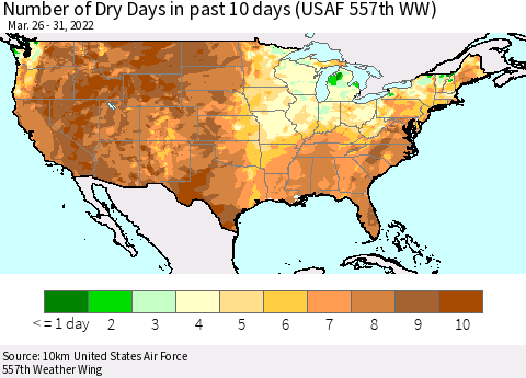 United States Number of Dry Days in past 10 days (USAF 557th WW) Thematic Map For 3/26/2022 - 3/31/2022