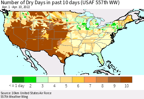United States Number of Dry Days in past 10 days (USAF 557th WW) Thematic Map For 4/6/2022 - 4/10/2022