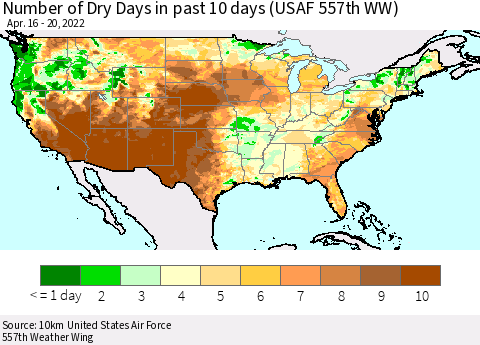 United States Number of Dry Days in past 10 days (USAF 557th WW) Thematic Map For 4/16/2022 - 4/20/2022