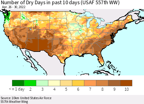 United States Number of Dry Days in past 10 days (USAF 557th WW) Thematic Map For 4/26/2022 - 4/30/2022