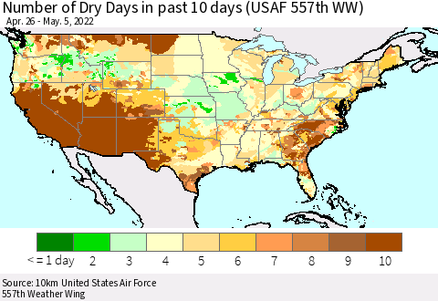 United States Number of Dry Days in past 10 days (USAF 557th WW) Thematic Map For 5/1/2022 - 5/5/2022