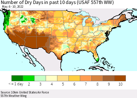 United States Number of Dry Days in past 10 days (USAF 557th WW) Thematic Map For 5/6/2022 - 5/10/2022