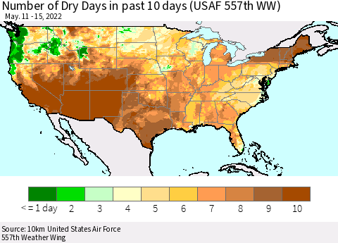 United States Number of Dry Days in past 10 days (USAF 557th WW) Thematic Map For 5/11/2022 - 5/15/2022