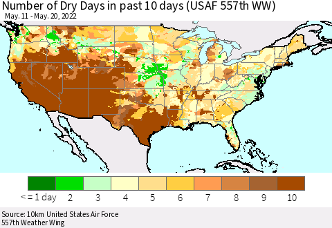 United States Number of Dry Days in past 10 days (USAF 557th WW) Thematic Map For 5/16/2022 - 5/20/2022