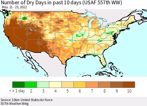United States Number of Dry Days in past 10 days (USAF 557th WW) Thematic Map For 5/21/2022 - 5/25/2022