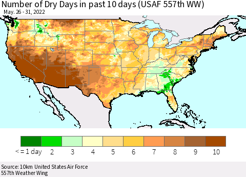 United States Number of Dry Days in past 10 days (USAF 557th WW) Thematic Map For 5/26/2022 - 5/31/2022