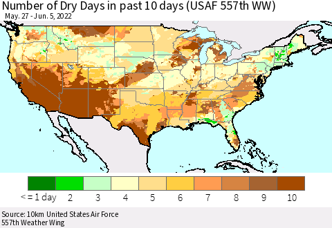 United States Number of Dry Days in past 10 days (USAF 557th WW) Thematic Map For 6/1/2022 - 6/5/2022