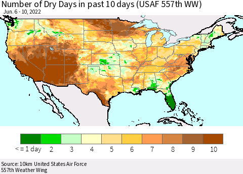 United States Number of Dry Days in past 10 days (USAF 557th WW) Thematic Map For 6/6/2022 - 6/10/2022