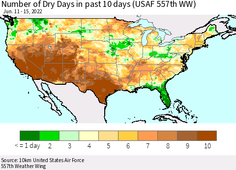 United States Number of Dry Days in past 10 days (USAF 557th WW) Thematic Map For 6/11/2022 - 6/15/2022