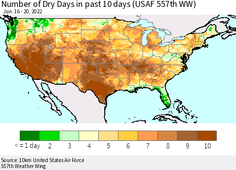 United States Number of Dry Days in past 10 days (USAF 557th WW) Thematic Map For 6/16/2022 - 6/20/2022