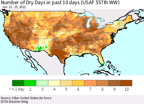 United States Number of Dry Days in past 10 days (USAF 557th WW) Thematic Map For 6/21/2022 - 6/25/2022