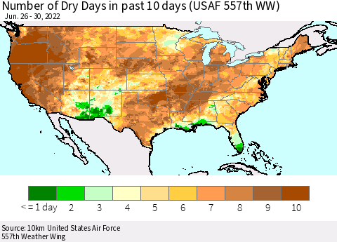 United States Number of Dry Days in past 10 days (USAF 557th WW) Thematic Map For 6/26/2022 - 6/30/2022