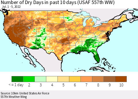 United States Number of Dry Days in past 10 days (USAF 557th WW) Thematic Map For 7/1/2022 - 7/5/2022