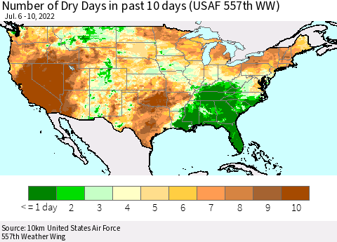 United States Number of Dry Days in past 10 days (USAF 557th WW) Thematic Map For 7/6/2022 - 7/10/2022