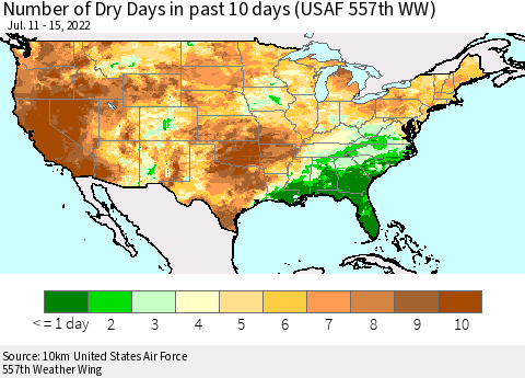 United States Number of Dry Days in past 10 days (USAF 557th WW) Thematic Map For 7/11/2022 - 7/15/2022